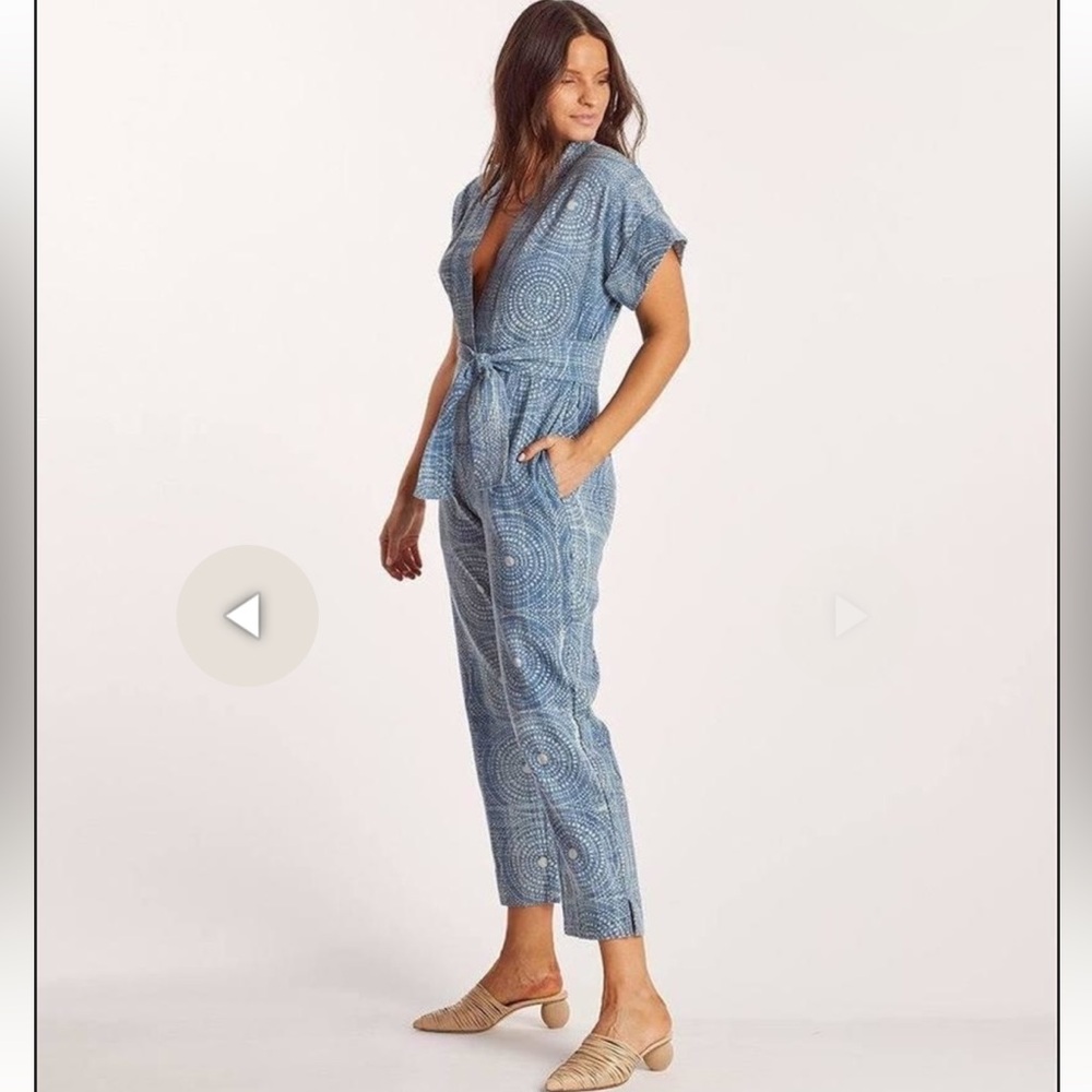 Cleobella Blue Circular-Print Short-Sleeve Tie-Waist Jumpsuit